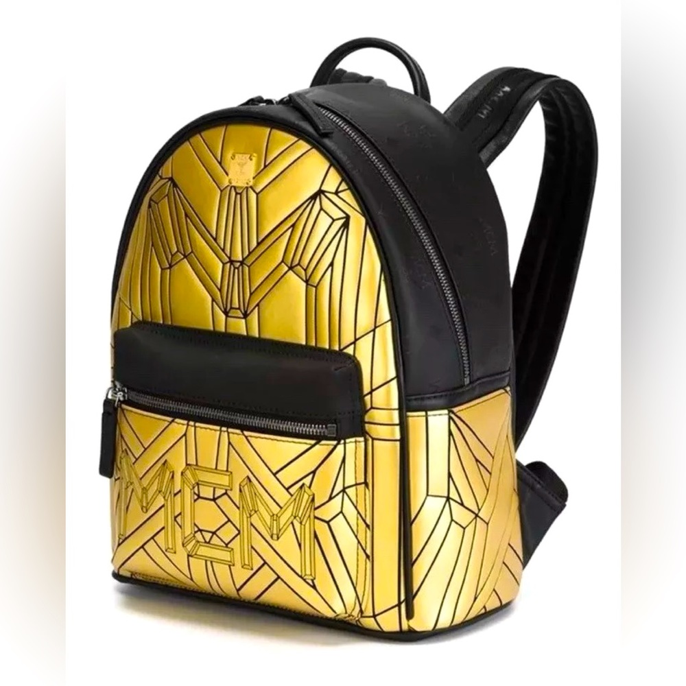 MCM BIONIC Backpack Leather Gold Metallic Small Bag + Dustbag